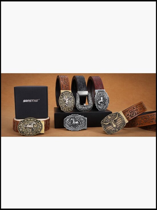 Leather Cowboy Ratchet Belt with Automatic Western Buckle main image 5